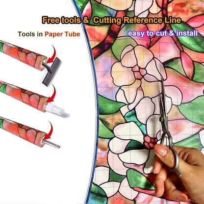 Stained Glass Privacy Film Decorative With Free Tools, Magnolia Window Film for Home, Frosted Tint, Covers Cling, 17.5 Inch by 157.4 Inch