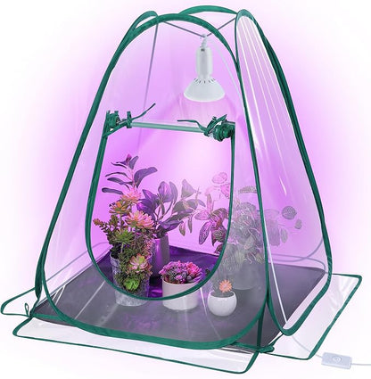 Meonum 1 Pack Mini Greenhouse with 10W 200 LED Grow Light Bulbs for Indoor, 27" x 27" x 30" Pop Up Small Greenhouse Cover with Bottom Waterproof Bottom Mat for Indoor Outdoor Plants Seed Starting