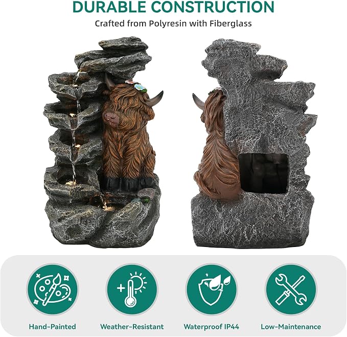 19" Highland Cow Outdoor Fountain with LED Lights | 5-Tier Charming Water Feature , Pastoral Resin Soothing Cascading Waterfall for Patio, Backyard, Garden or Porch