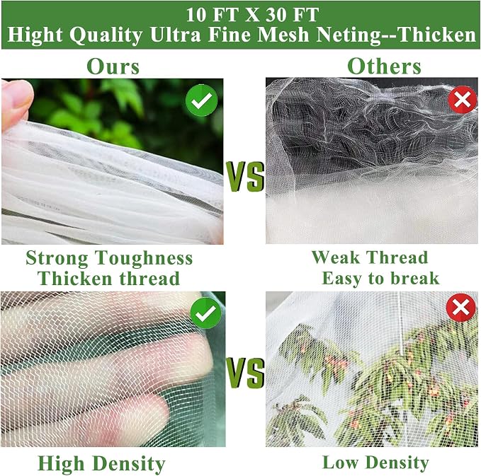 Garden Mesh Netting Kit, 10 * 30FT Ultra Fine Netting Plant Covers with 6 Pcs Wide Garden Hoops & 18 Clip, Garden Netting Kit for Raised Beds Plants Greenhouse Row Cover Barrier Protection Net