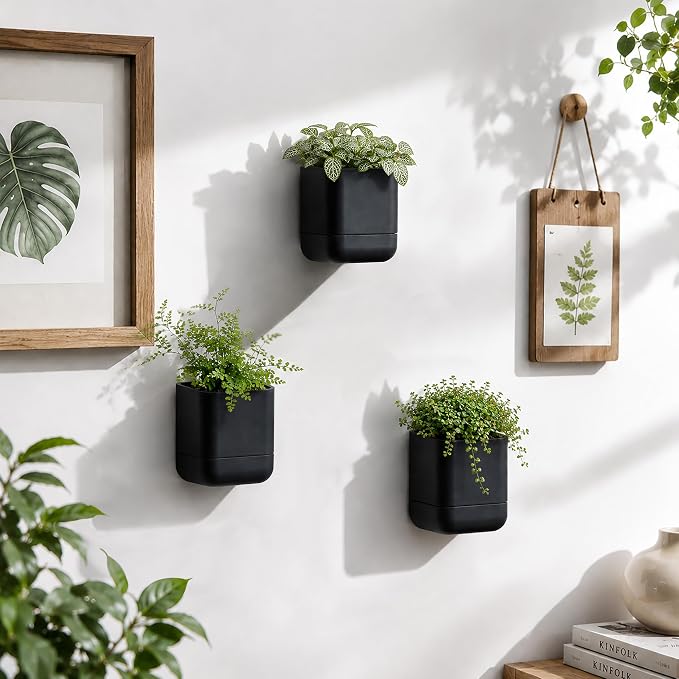 Phoenix Vine 3.5 Inch Wall Mounted Self-Watering Planter Pot for Indoor Houseplants and Herbs | Hanging Planter for Window Sills, Bathroom Walls, Home & Office Décor, Black, Set of 4, 01-A-E-4