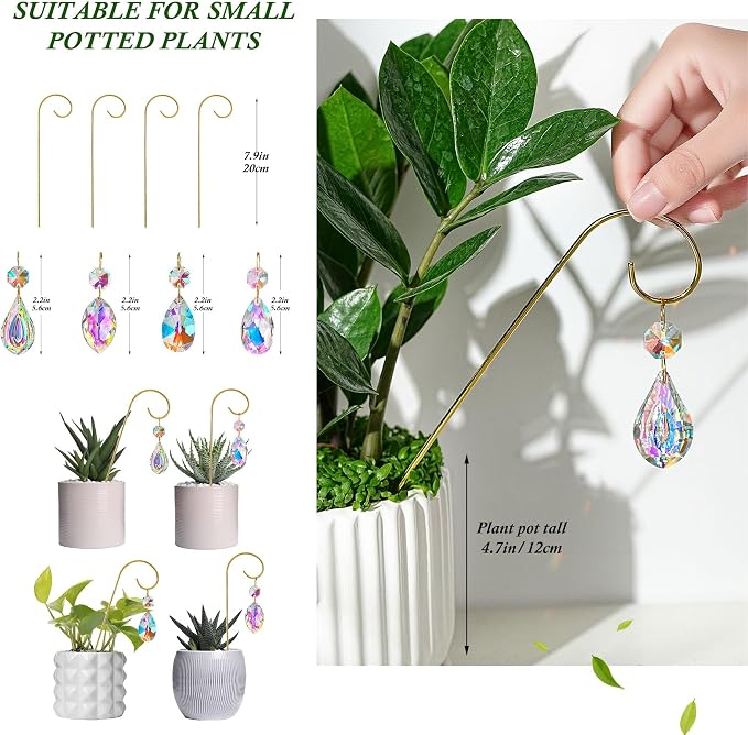 4PCS Small Trellis for Mini Potted Plants with Crystal Prisms Sun Catcher | Indoor Plant Accessories ,7.5inch Metal Plant Stakes Suncatchers for Fairy Garden,Rainbow Crystals,Whimsical Decor For Home