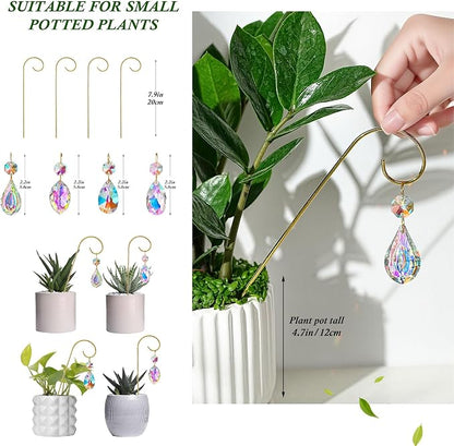 4PCS Small Trellis for Mini Potted Plants with Crystal Prisms Sun Catcher | Indoor Plant Accessories ,7.5inch Metal Plant Stakes Suncatchers for Fairy Garden,Rainbow Crystals,Whimsical Decor For Home