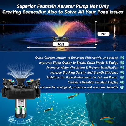 Pond Fountain Aerator, with 4RGB Lights 1HP 110V 750W 15000 GPH Stainless Steel Aerating Fountain Pump, 100 FT Power Cord, Timer, 2 x 100 FT Traction Rope, Powerful Lake Pond Aerator for Larger Ponds