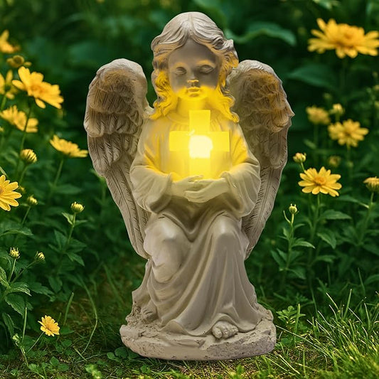 TIALLY Solar Angel Garden Statue with Glowing Cross – Large Angel Figurines with Soft Glow, Weatherproof Outdoor Statues for Memorial Decor, Yard, Lawn or Cemetery Use, Angels Gifts for Women