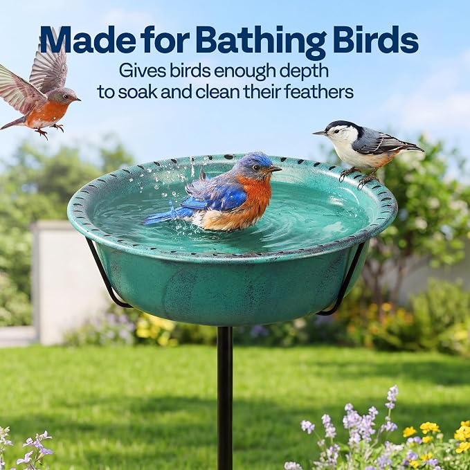 VIVOHOME Bird Bath for Outside, Outdoor 13'' Birdbath Bowl with Metal Ground Stake, Weather-Resistant ABS Bird Bath and Feeder for Garden, 1.45 Gallons, Green