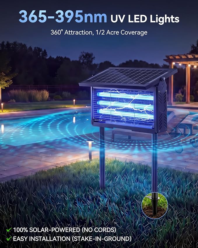 Solar Bug Zapper Outdoor, Mosquito Zapper Waterproof Electric Fly Zapper Rechargeable Mosquito Killer, Cordless Fly Insect Trap for Yard, Patio, Home, Garden, Camping