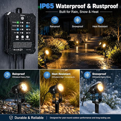 Low Voltage Landscape Lighting Kit, 8-Pack LED Spotlights with 24W Transformer, 3000K Waterproof Outdoor Lights with Timer & Dusk-to-Dawn Sensor, 75FT Wire for Yard, Garden, Patio, Pathway, Trees