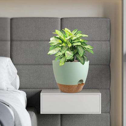 WSMKSZ 12 inch Large Self Watering Pots, Flower Plant Pots with Drainage Holes for Indoor Outdoor Garden Plants, Plastic Planters with Removable Deep Reservoir, Green with Brown