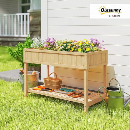 Outsunny 43x18x30in Raised Garden Bed with 8 Pockets and Shelf, Wooden Elevated Planter Box with Legs to Grow Herbs, Vegetables, and Flowers, Natural