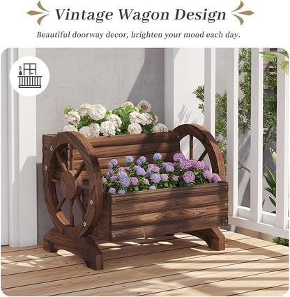 Kitsanery Wooden Planter Box,Planters for Outdoor Plants, Flower Cart for Patio Garden Balcony, Backyard Decor Garden Planters with Wheels for Flowers,Vegetables (Carbonised Colour (Dark Brown))