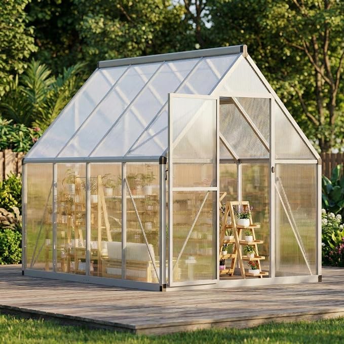 CABIHOME 8x12 FT Outdoor Greenhouse, Polycarbonate Greenhouse with Roof Vent and Ground Nails, Aluminum Large Walk-in Green House w/ Lockable Push Door for Outdoor Garden (Silver - 1, 6x7 FT)