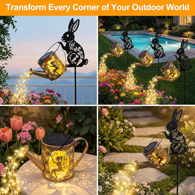 Solar Watering Can Light with Bunny Silhouette Stake & Fairy Design - Cascading LED String Light for Garden Yard Patio Decor, IP65 Waterproof Outdoor Gift for Mom, Women, Birthday, Housewarming