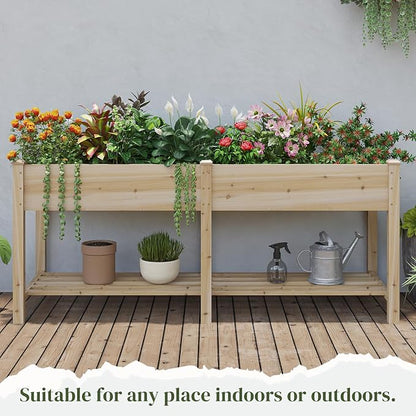 72x24x30.5in Raised Garden Bed Elevated Wood Planter Box with Shelf Garden Planter with Legs for Backyard, Patio, Balcony w/Divider Liner, 300lb Capacity -(Natural)