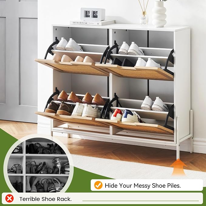 coucheta 4 Flip Drawers Shoe Storage Cabinet, Rattan Shoe Organizer with Metal Legs, Freestanding Narrow Shoe Rack Cabinet for Entryway, White