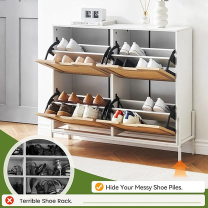 coucheta 4 Flip Drawers Shoe Storage Cabinet, Rattan Shoe Organizer with Metal Legs, Freestanding Narrow Shoe Rack Cabinet for Entryway, White