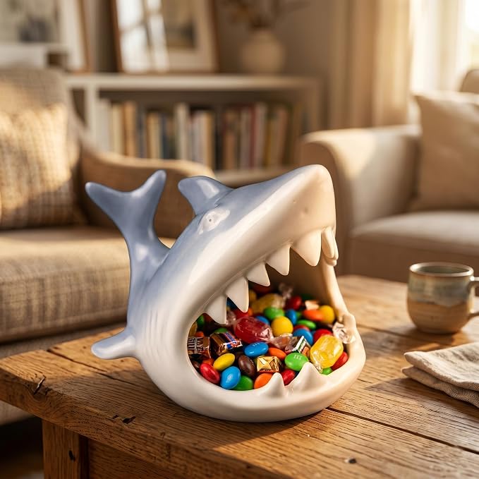 Ceramic Shark Aquarium Decorations - Large Fish Tank Cave & Betta Hideout, Bio-Filter Shark Candy Bowl, Key Holder for Entryway Table, pH-Neutral Marine Fish Tank Accessories Ornament