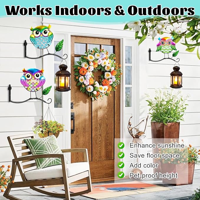 Metal Birds Wall Art Decor with Hanging Hooks, 3D Colorful Bird Outdoor Hanging Wall Art Patio Fence Decorations, Plant Bracket for Planters Wind Chimes Lanterns Garden Patio Decor (Owl)