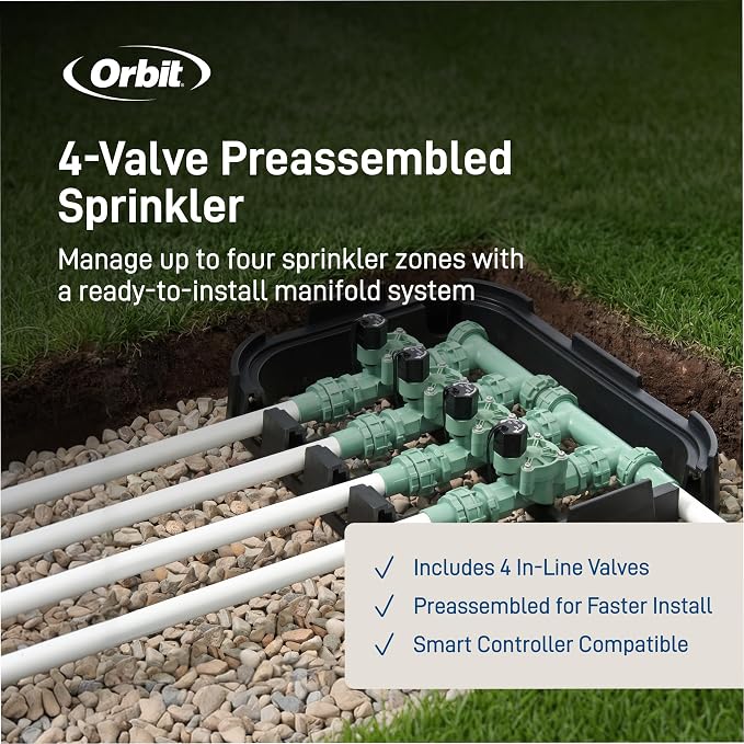 Orbit 57257 4-Valve Preassembled Sprinkler Manifold – Easy Install, Smart Controller Compatible, Works with PVC & Poly Pipe, Includes 4 in-Line Valves