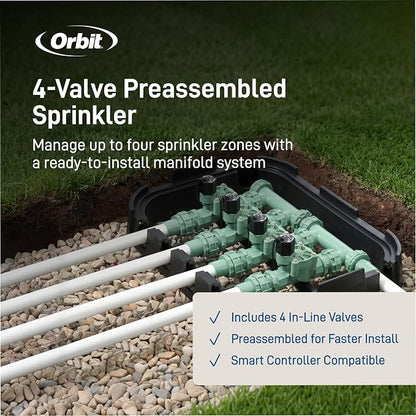Orbit 57257 4-Valve Preassembled Sprinkler Manifold – Easy Install, Smart Controller Compatible, Works with PVC & Poly Pipe, Includes 4 in-Line Valves
