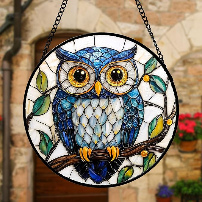 DASTOLL Stained Glass Window Hanging, Owl Gifts for Women Sun Catchers Diamond Glass Panel Hangings Birds Suncatcher Decor for Birthday for Women, Men, Wife, Aunt,and Mom 7.8X7.8IN