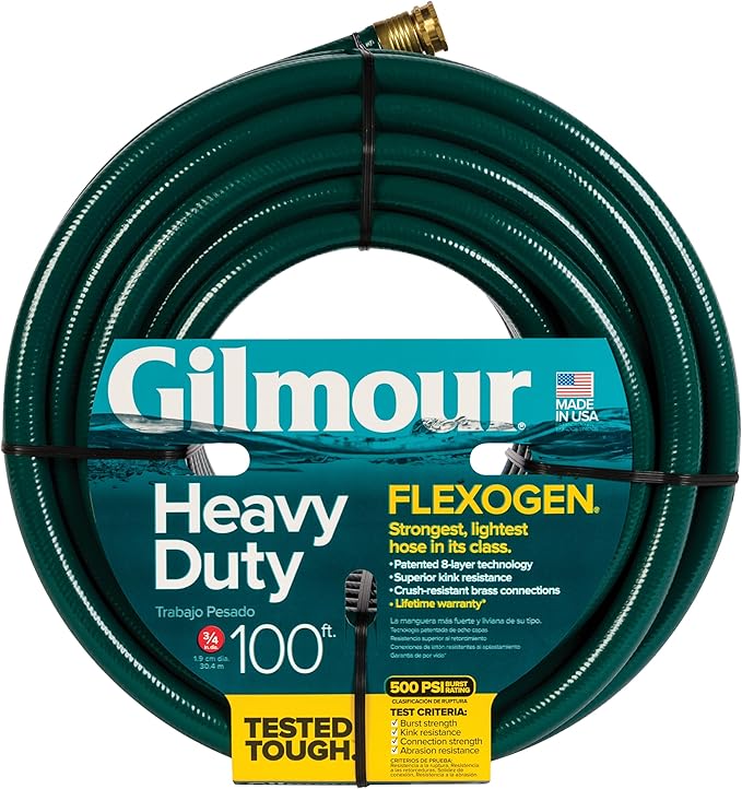 Gilmour Flexogen 3/4 in x 100 ft Garden Hose, Heavy Duty Water Hose, Flexible and Kink Resistant Outdoor Hose, Green | Heavy Duty Build, 500 PSI, Kink-Resistant Layers, Brass Fittings, All-Weather Durability, Made in USA