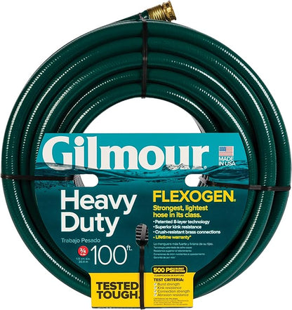 Gilmour Flexogen 3/4 in x 100 ft Garden Hose, Heavy Duty Water Hose, Flexible and Kink Resistant Outdoor Hose, Green | Heavy Duty Build, 500 PSI, Kink-Resistant Layers, Brass Fittings, All-Weather Durability, Made in USA