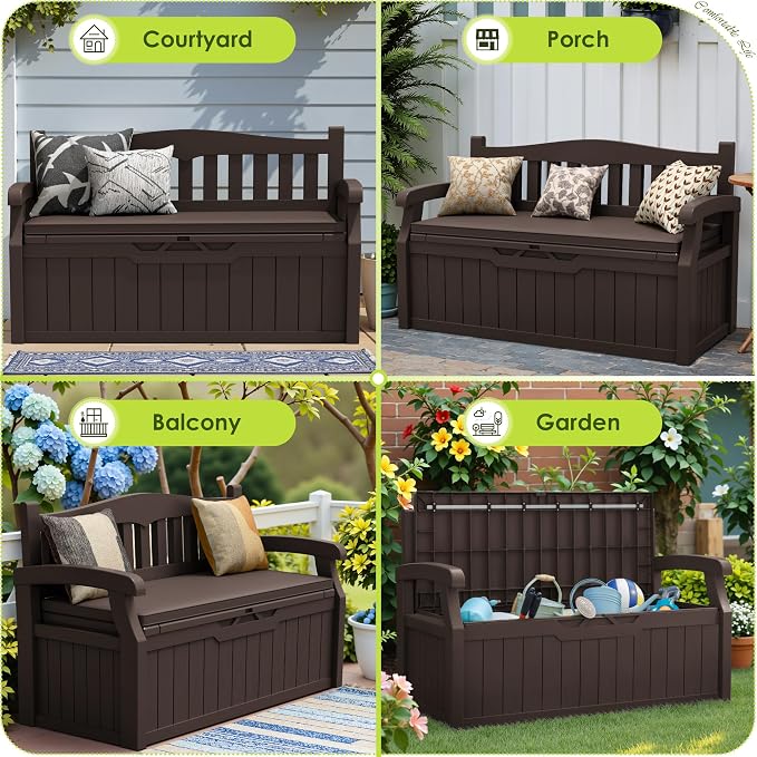 Greesum 80 Gallon Heavy-Duty Outdoor Storage Bench with Cushion, UV-Resistant Resin Bench with Armrest, Deck Box for Garden, Poolside, Patio, Dark Brown