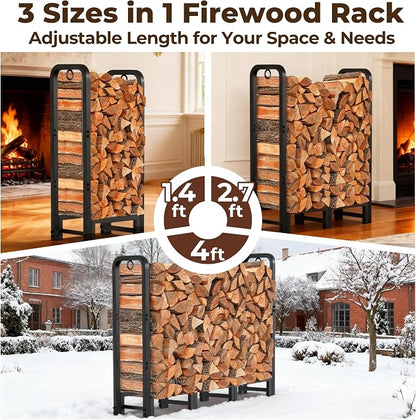 Amagabeli Firewood Log Rack Outdoor 4ft Heavy Duty Logs Holder for Fireplace Indoor Outdoor Adjustable Wood Racks for Fire Wood Holder Metal Pile Stand Storage Stacker Organizer Black