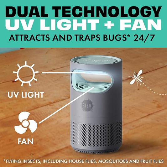 STEM Flying Insect Fan Trap for Indoor Bug Control, Attracts Mosquitoes, Fruit Flies, and House Flies, Plug-in Fan with UV Light, Starter Kit Includes 2 Device and 10 Glue Traps