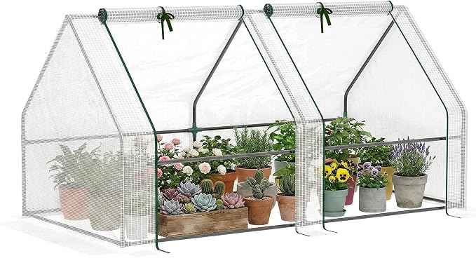 Outsunny 6' x 3' x 3' Mini Greenhouse with Zippered Doors & Roll-up Windows, Portable Plant Hot House with Durable PE Cover, Water Resistant, UV Protected for Outdoor Flowers, Vegetables, White