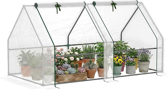 Outsunny 6' x 3' x 3' Mini Greenhouse with Zippered Doors & Roll-up Windows, Portable Plant Hot House with Durable PE Cover, Water Resistant, UV Protected for Outdoor Flowers, Vegetables, White