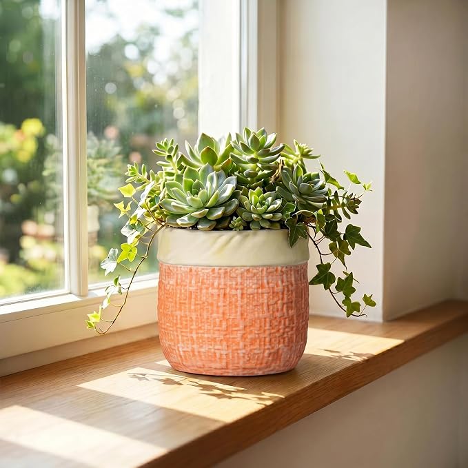 Ceramic Pots for Plants, 6 Inch Planter, Round Plant Pot, Orange | Boho Plant Pot for Indoor Plants, Decorative Flower Pots with Drainage Hole, Bedroom Decor, Housewarming Gifts New Home