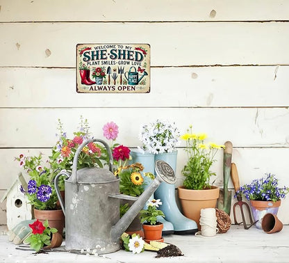 Bestylez Garden Gifts Welcome To My She Shed Vintage Gardening Signs for Home Garden Greenhouse Living Room Bedroom Yard Outdoor Decor 8X12 Inch (3372)