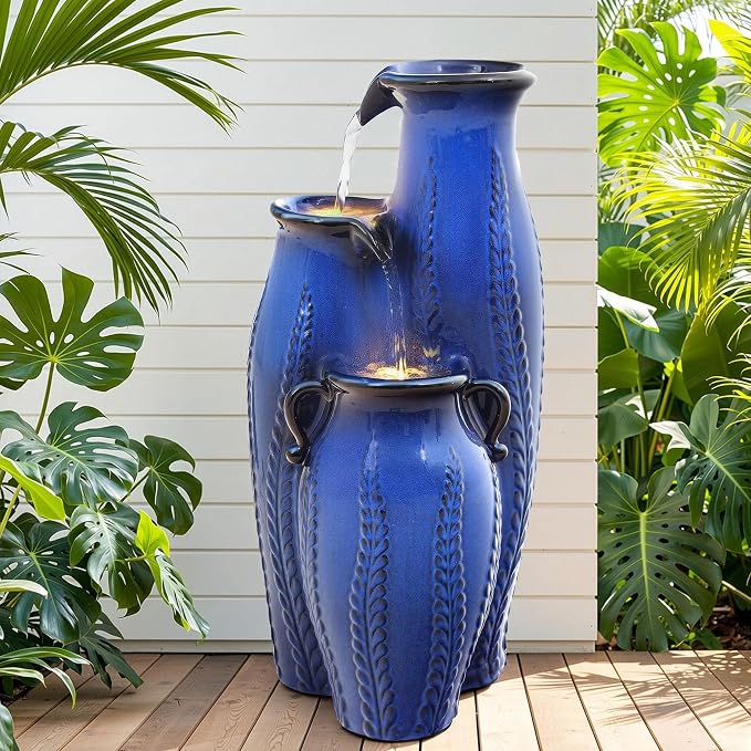 29.5" H Ceramic Outdoor Water Fountain with LED Lights, 3-Tier Vase Cascading Water Feature, Cobalt Blue with Embossed Leaf Patterns, Tranquil Waterfall for Garden, Patio, Yard, or Porch