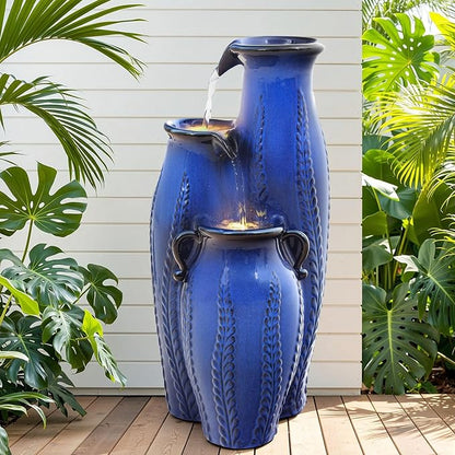 29.5" H Ceramic Outdoor Water Fountain with LED Lights, 3-Tier Vase Cascading Water Feature, Cobalt Blue with Embossed Leaf Patterns, Tranquil Waterfall for Garden, Patio, Yard, or Porch