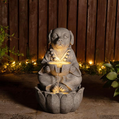 Glitzhome Water Fountain Outdoor, Outdoor Fountain with Lights&Pump, 22" H 2-Tiered Concrete Dog Statue Zen-Style Water Fountain Polyresin Water Feature for Home Patio Garden Backyard Decor