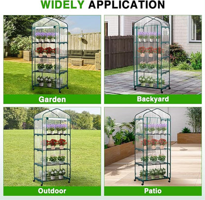 Yesker Mini Greenhouse 27"x20"x63" Portable Indoor /Outdoor Small Green House with 4 Tier 4 Shelves Wheels Transparent PVC Cover Compact Greenhouse Kit for Winter Gardening Balcony Patio Backyard