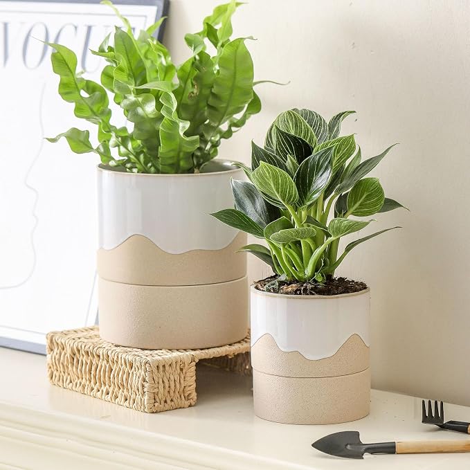 Nihow Self Watering Ceramic Planter, 4.5+6 Inch, White & Nature | Drainage Hole & Water Storage Plus, Cylinder Flower Pot, With Wick, For Indoor Plants & Herbs