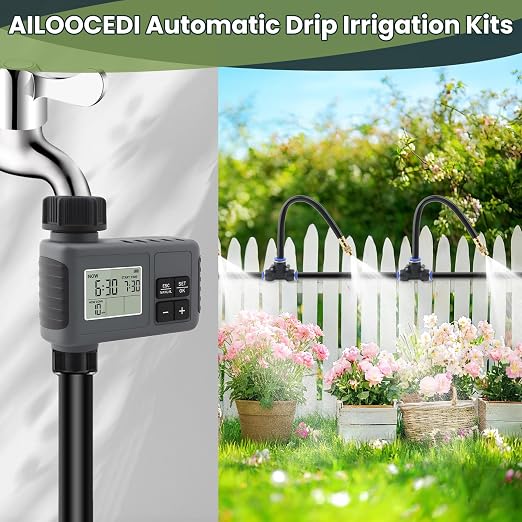 100FT Automatic Drip Irrigation Kits with Water Timer - Garden Watering System with 360° Bendable Spray Adjustable Copper Atomizing Nozzles for Yard, Lawn, Raised Bed, Greenhouse, Potted Plants