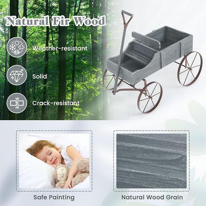 Goplus Wagon Planter, Decorative Wooden Garden Planter with Wheels, 2 Planting Sections and Adjustable Handle, Indoor Outdoor Backyard Balcony Decor (Gray)