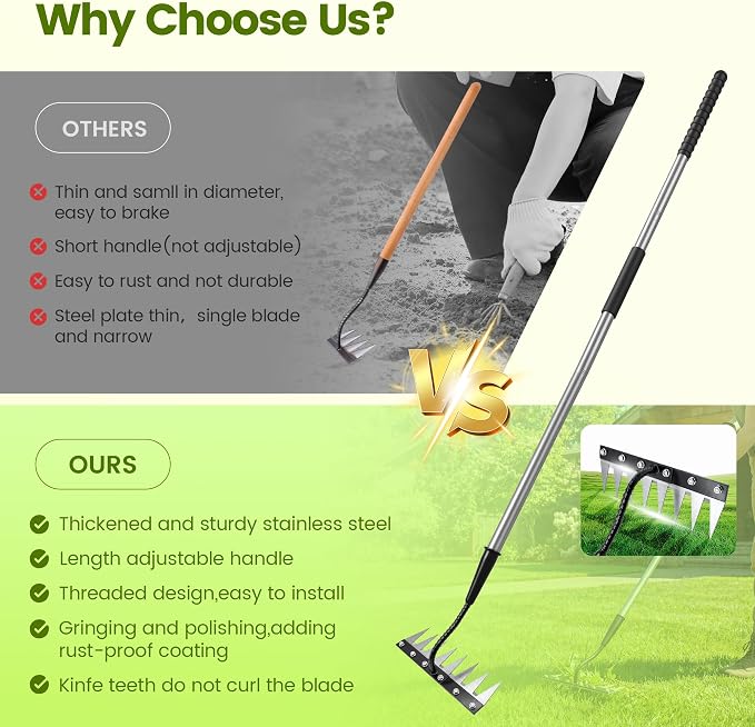 Iron Weeding Rake with Long Handle - Upgraded Rake 8 Teeth Weed Puller Tool, Heavy Duty Manual Weeder Remover Tool for Weeding, Cultivating & Soil Aeration