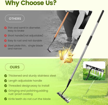Iron Weeding Rake with Long Handle - Upgraded Rake 8 Teeth Weed Puller Tool, Heavy Duty Manual Weeder Remover Tool for Weeding, Cultivating & Soil Aeration