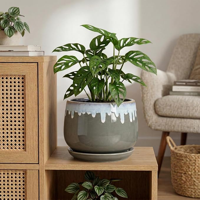 Ceramic Flower Pots - 9 Inch Planters for Indoor Plants, Indoor Planter with Drainage and Saucer, Round Decorative Plant Pots for Plants, Porch Home Decor, Grey-Blue