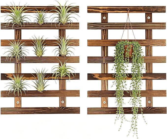 2 Pcs Wall Planter for Indoor Outdoor Plants - Wooden Wall Amounted Plant Holder for Hanging Pots, Vertical Pack Wood Garden Trellis for Climbing Plants Orchid Ivy Vine Rose Patio Home Decor, 15.75"