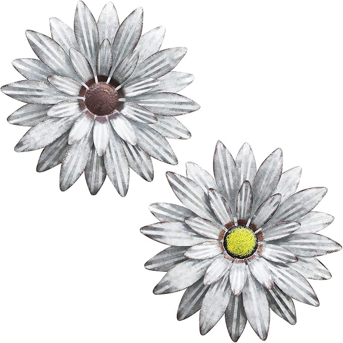 Galvanized Farmhouse Metal Flowers Wall Decor Inspirational,Wall Decor Hanging for Indoor Outdoor Home Bedroom Living Room Office Porch Patio Garden Fence 13Inch,Handmade Gift, Set of 2