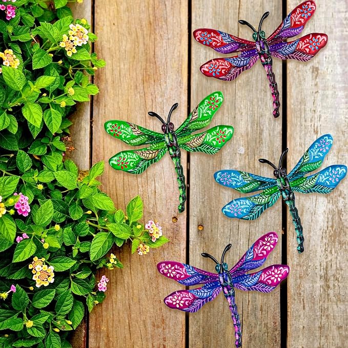 SUNREEK Metal Dragonfly Wall Decor - 9.6" Outdoor Fence Wall Art, Hanging Decorations for Garden Yard Patio Room Decorations, 4 Pack (Color-5)