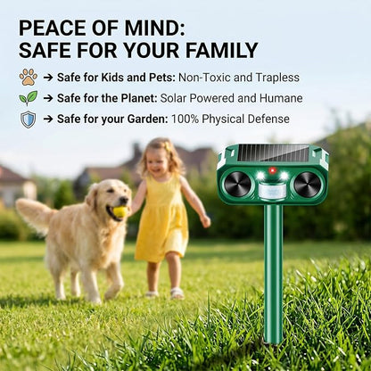 Solar Animal Repeller Outdoor, 4 Pack Ultrasonic Deterrent for Deer | Dual LED Flashing Lights, Motion Activated Deterrent, Garden,Yard&Farm Protection, 4 Pack Wider Coverage