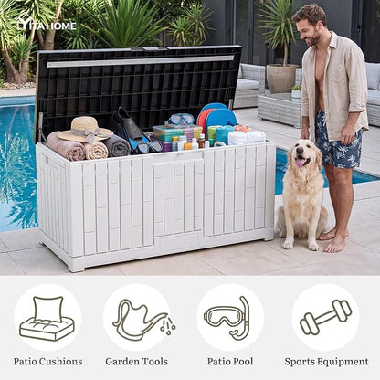 YITAHOME Large Deck Box 120 Gallon Resin Outdoor Storage Box | Patio Storage Bin for Outdoor Pillows, Garden Tools and Pool Supplies, Waterproof, Lockable, Grayish-White