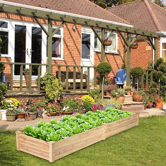 S AFSTAR Wooden Raised Garden Bed, Divisible Planter Box Kit, Outdoor Elevated Flower Planting Raised Bed, Above Ground Planters or Vegetables Grass Lawn Yard Backyard Patio (97" L x 25" W x 10" H)